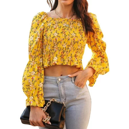 Xuanfei Women Floral Print Square Neck Puff Long Sleeve Smocked Crop Top | Walmart (US)