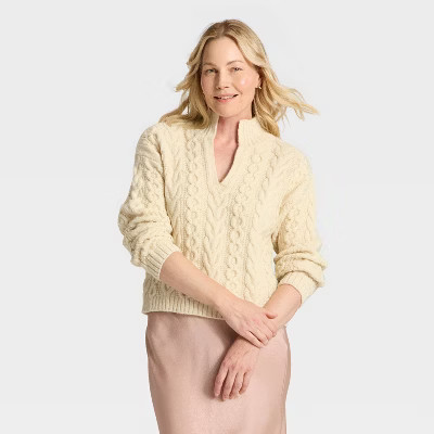 Women's Long Sleeve Split Neck Cable Pullover Sweater - A New Day™ Cream XS | Target