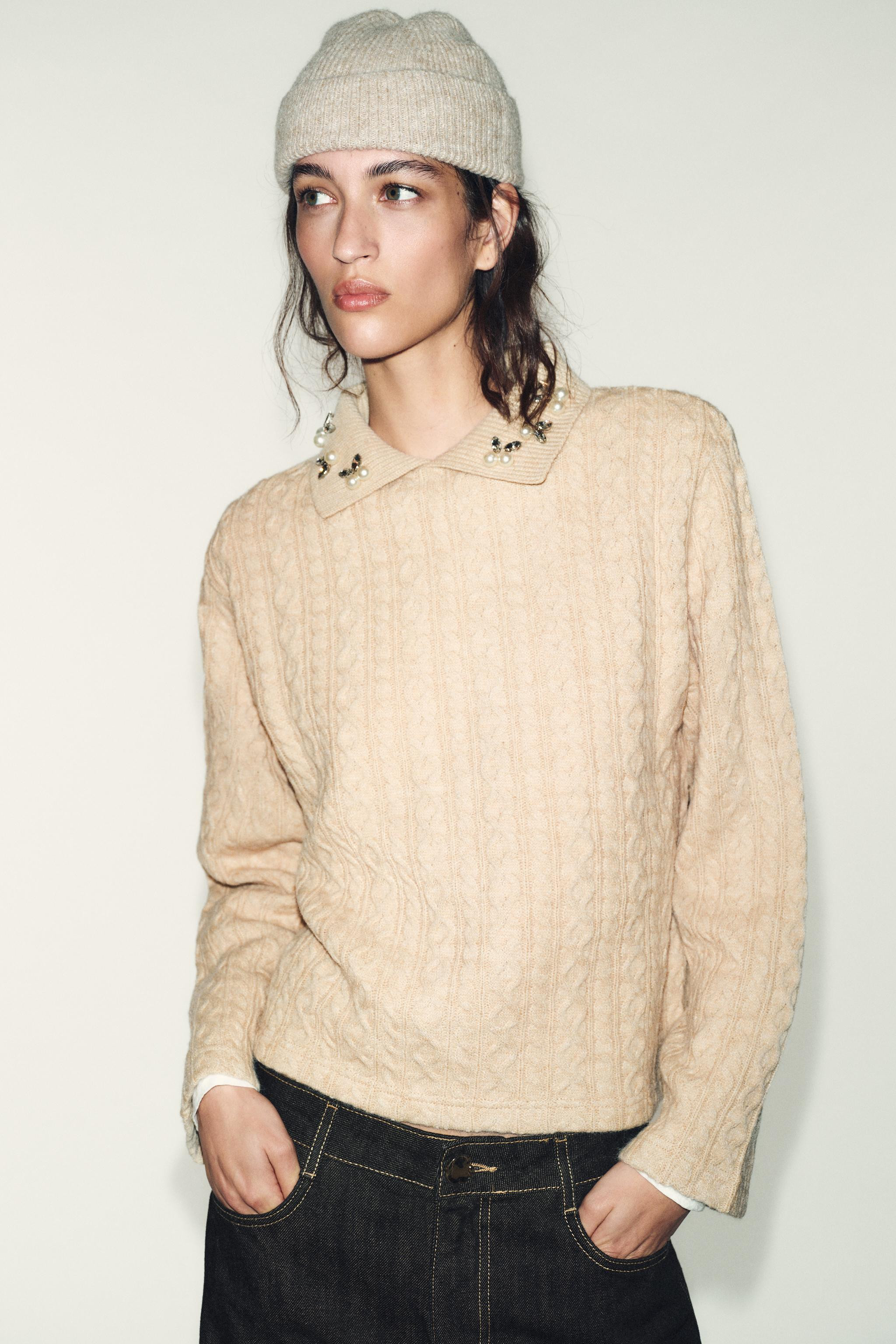 JEWEL COLLAR CABLE-KNIT SWEATER | Zara US