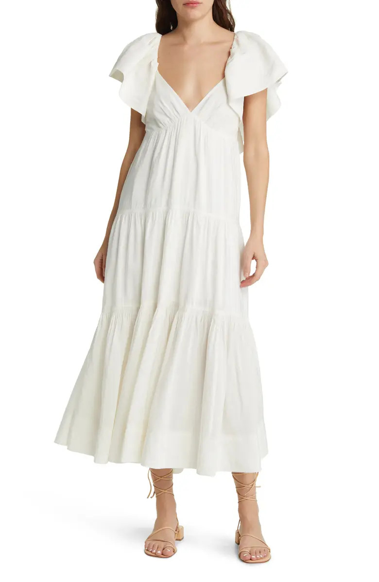 Ruffle Shoulder Open Back Linen Blend Midi Dress | Nordstrom