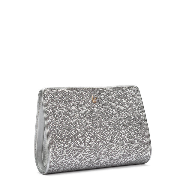 Erin Clutch In Light Gray Vegan Suede and Crystals | Larroude