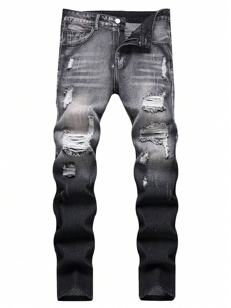 Men's Distressed Black & White Patchwork Slim Fit Straight Leg Jeans | SHEIN