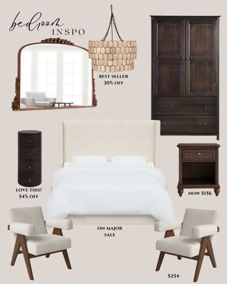 Wayfair bedroom inspo:
White bed modern. Dark wood nightstands. White accent chair rustic. Gold framed mirror traditional. Gold chandelier traditional. Dark wood armoire.

#LTKsalealert #LTKhome