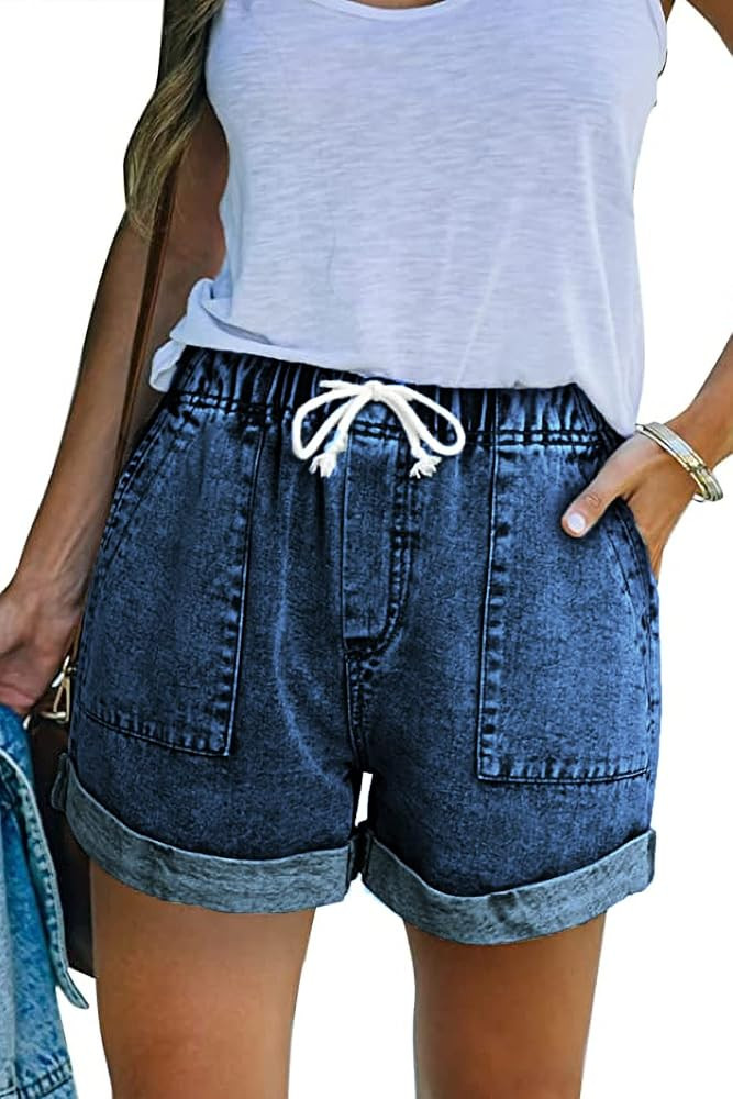 KINGFEN Women Casual Shorts Drawstring Comfy Elastic Waist Shorts Summer Pull On Short with Pocke... | Amazon (US)