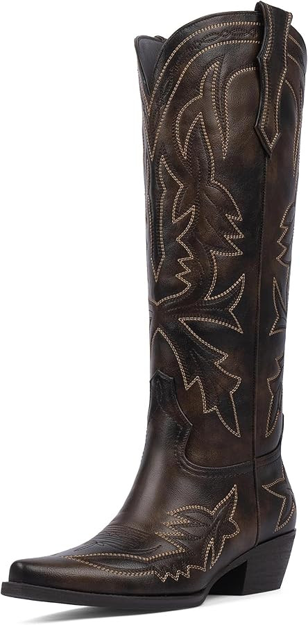 VIUGJNEX Cowboy Boots for Women Knee High Embroidered Pull on Cowgirl Boots Pointed Toe Chunky Lo... | Amazon (US)