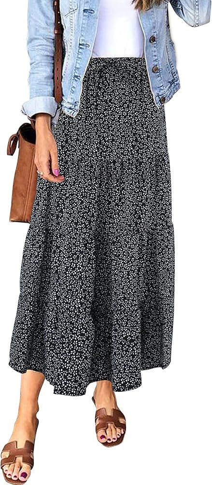 Hibluco Women's Floral Maxi Skirt High Waist Ruffles Midi A-Line Long Skirts | Amazon (US)