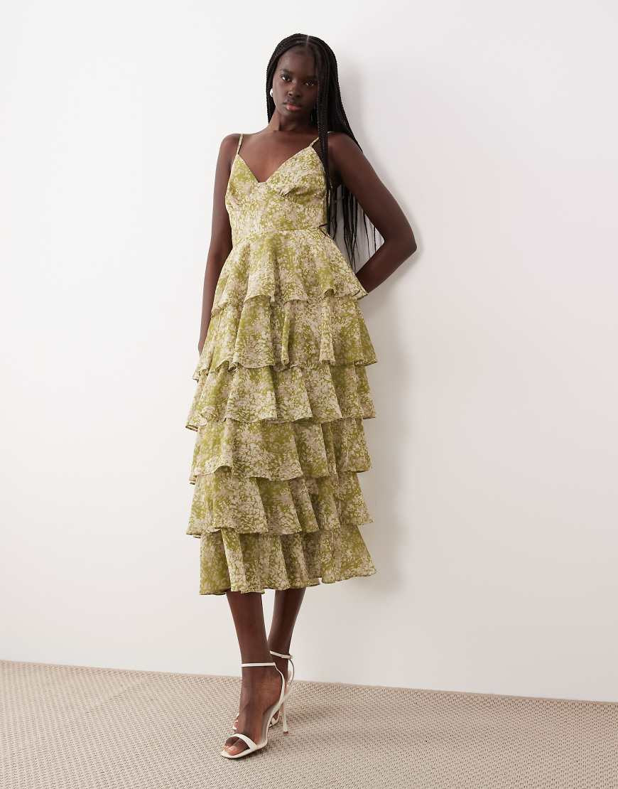 Pretty Lavish tiered ruffle midaxi dress in green abstract print | ASOS (Global)