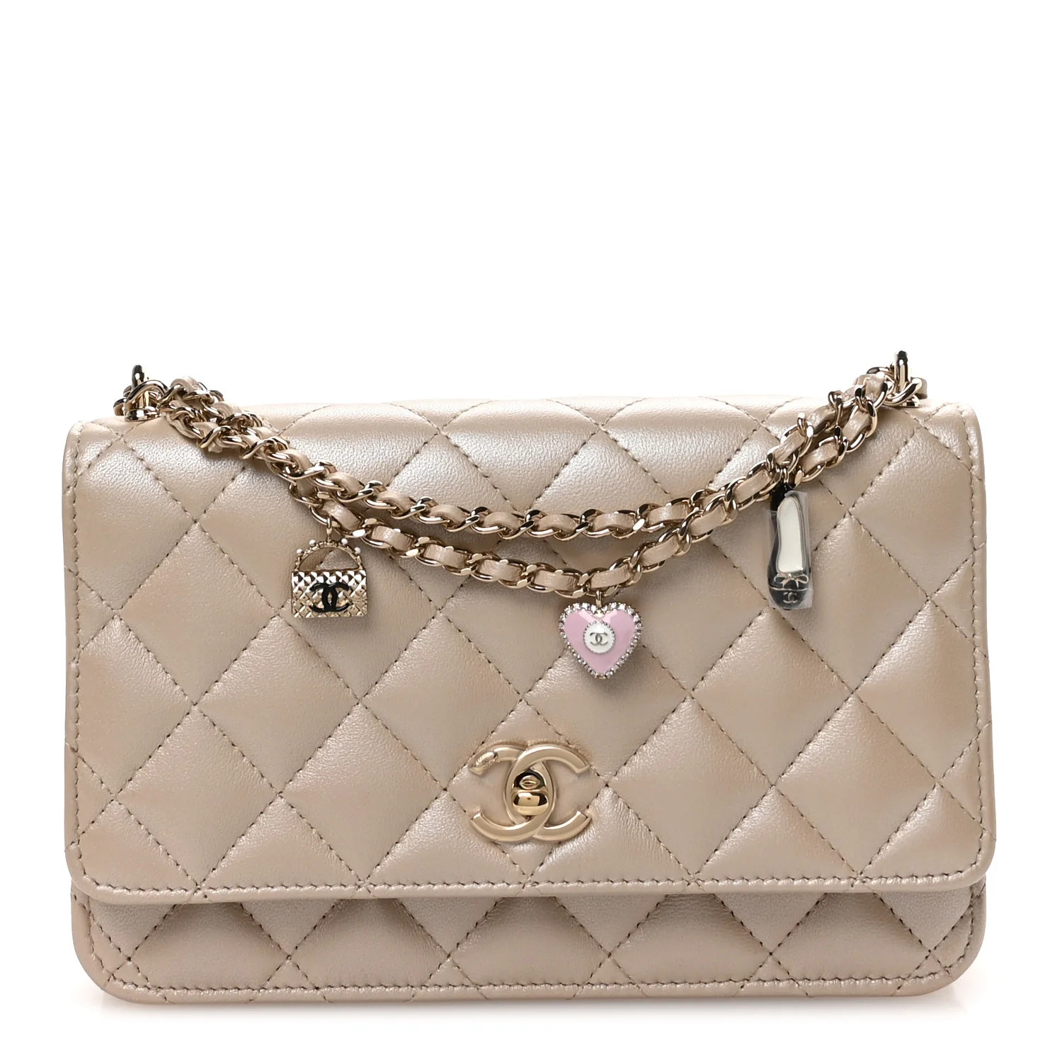 Pearly Lambskin Quilted Charms Wallet On Chain WOC Beige | FASHIONPHILE (US)