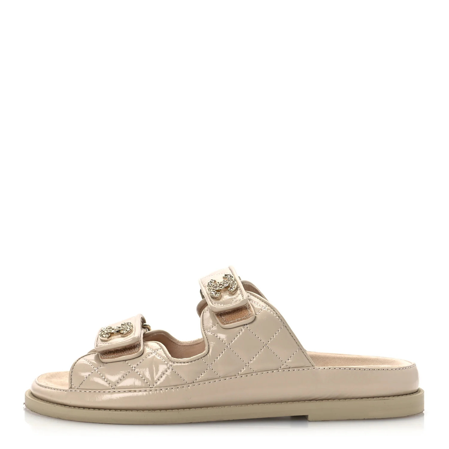 Shiny Calfskin Crystal Quilted Velcro Dad CC Slide Sandals 38 Light Beige | FASHIONPHILE (US)
