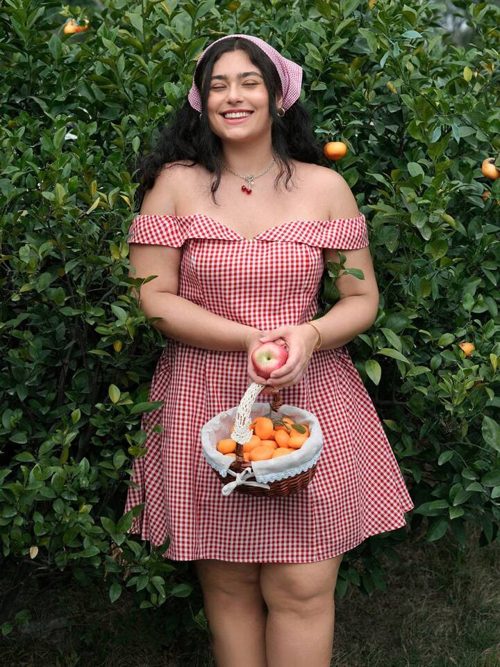 SHEIN MOD Plus Size Red & White Plaid Off-The-Shoulder Ruched Waist Cute Mini Dress, Casual Off Shoulder Spring/Summer Date Dress. Prom Dresses For Ladies.Tea Party Dresses | SHEIN
