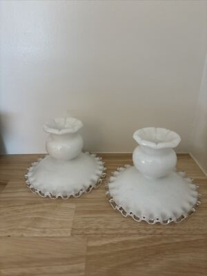 Vintage Fenton White Milk Glass Silver Crest  Candlesticks Candle Holders 3 1/4” | eBay US