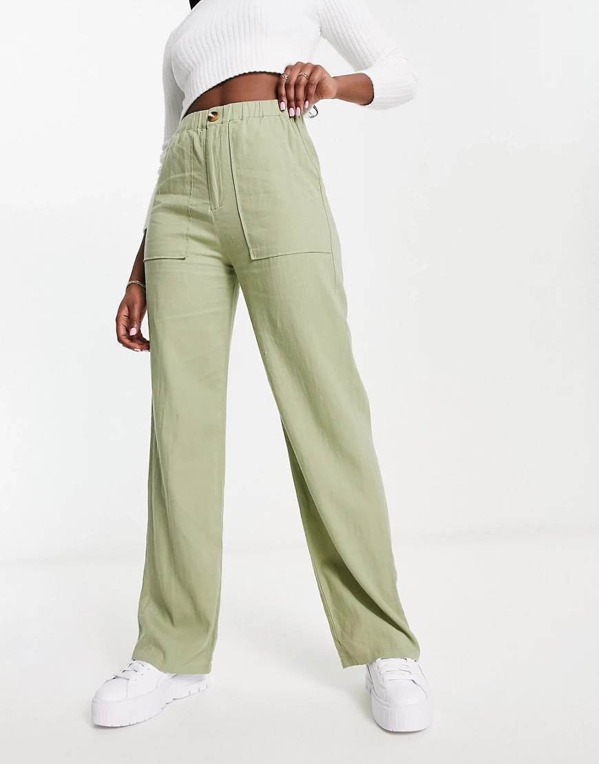 Pull&Bear relaxed linen pants in olive green | ASOS (Global)