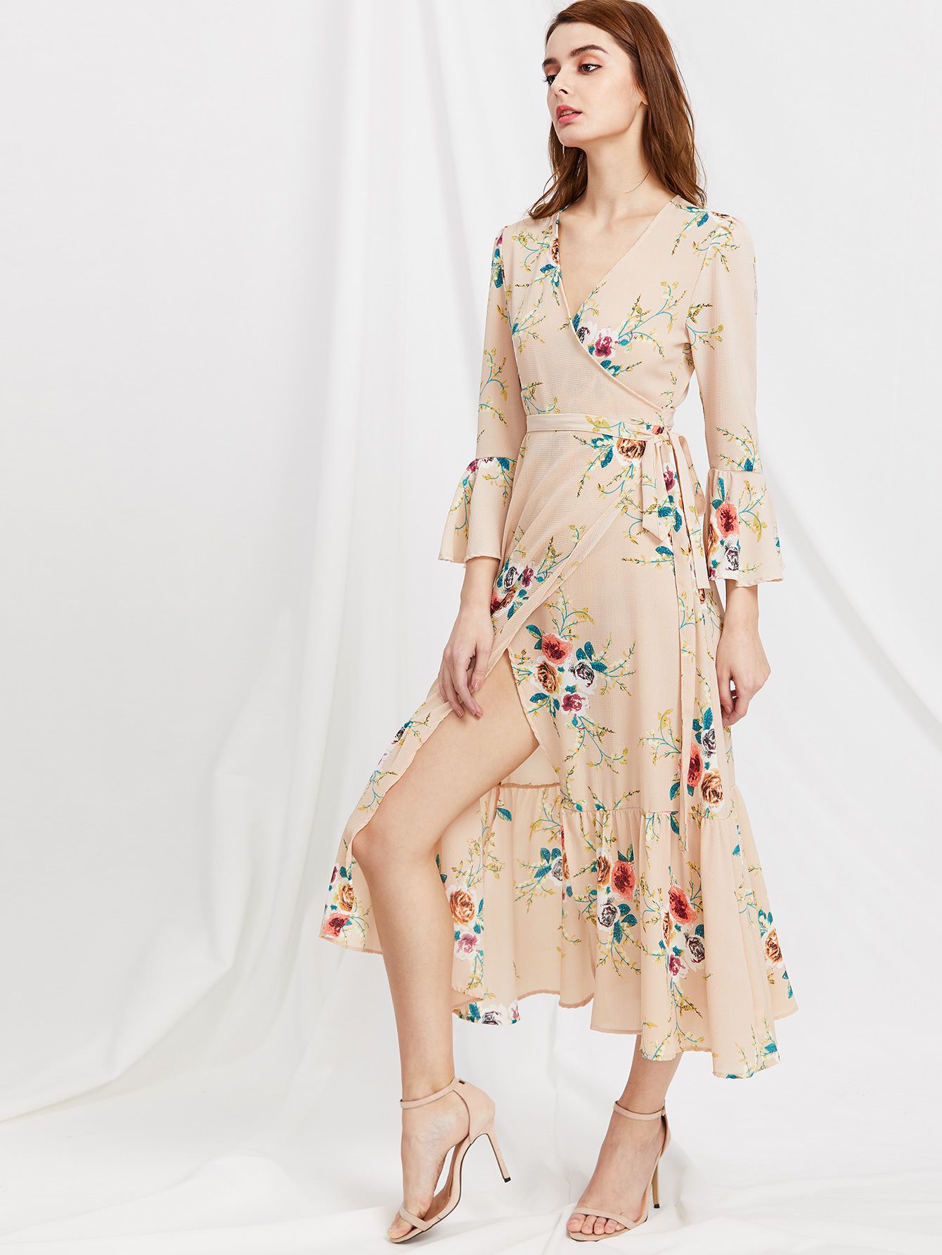 Plunge Neck Floral Print Bell Sleeve Slit Side Dress | SHEIN