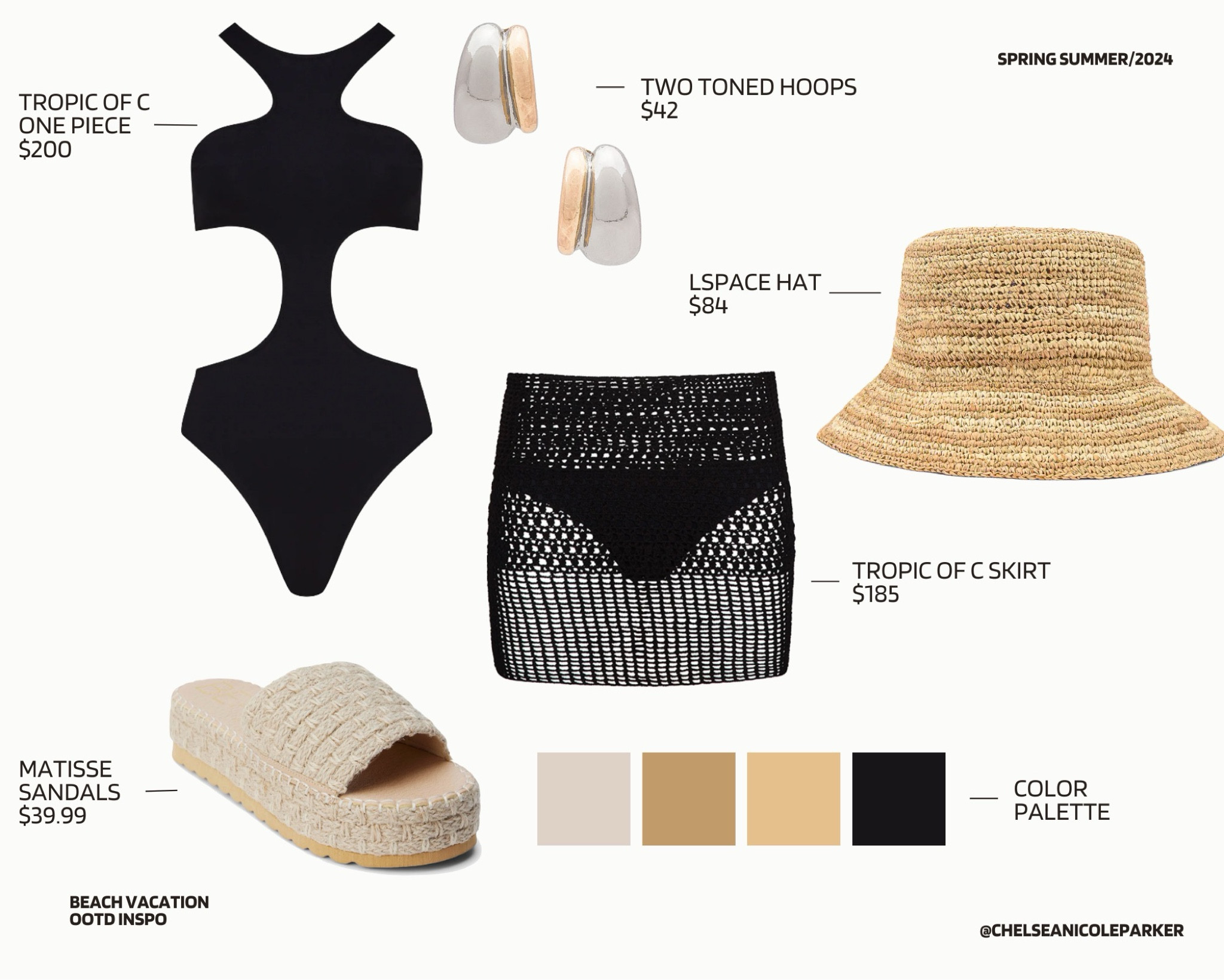 Tropic of C Black Cut Out Sexy One Piece Swimsuit + Tropic of C Black Mesh Swim Cover Up Skirt + Lspace Wicker Bucket Hat Sun Hat + Two Toned Silver Gold Hoops Earrings + Matisse Raffia Slide Sandals Under $50 - Beach Vacation / Resort Wear / Swimwear / Spring Break / Summer / Pool Outfit

#LTKshoecrush #LTKfindsunder100 #LTKsalealert