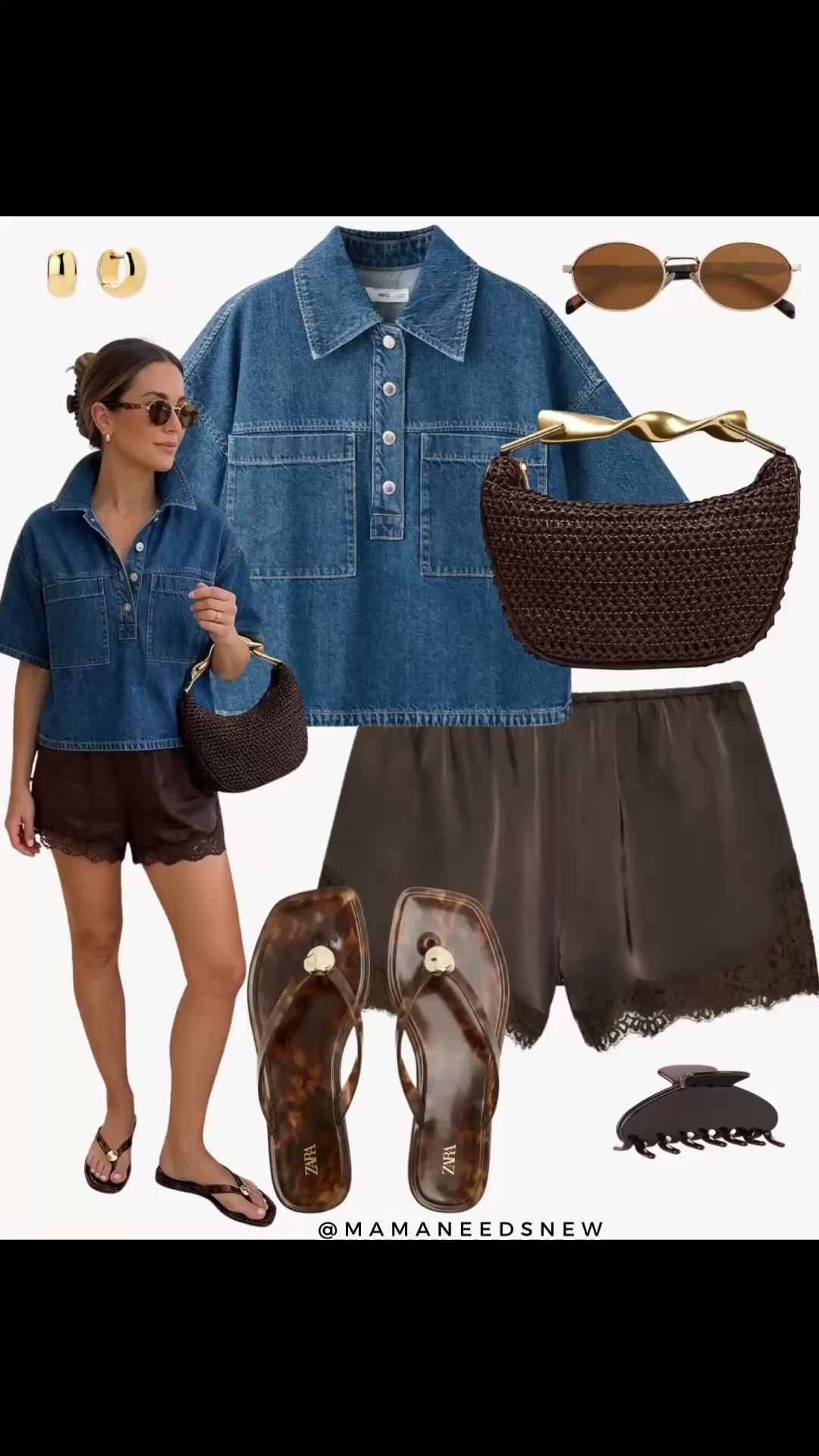 A late spring to summer outfit with shirt sleeve denim shirt, lace trim shorts, flip flop sandals, woven top handle bag 💙🤎

#LTKootd #LTKSeasonal #LTKSaleAlert