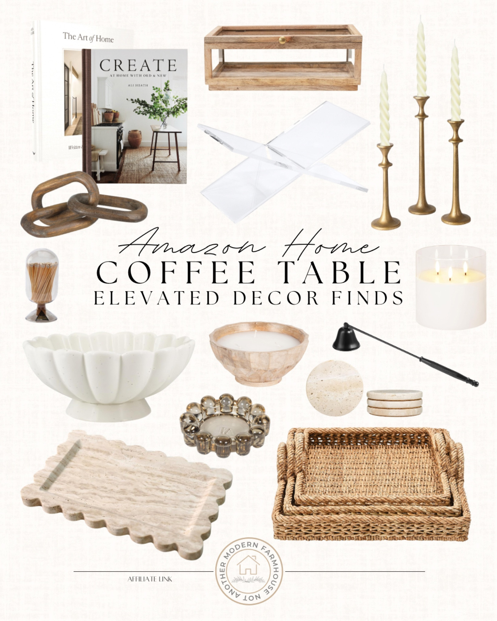 Coffee table refresh. 🌿 Layered textures, warm woods, stone accents and elevated Amazon decor staples. 

Amazon home decor finds, acrylic coffee table, woven tray set, brass taper holders, marble decorative bowl, travertine coasters, wooden chain link decor, glass cloche matches, luxury candle jar, styling books stack, modern farmhouse accents, neutral living room, organic textures, tabletop accessories, curated space essentials. 

 #LTKHome