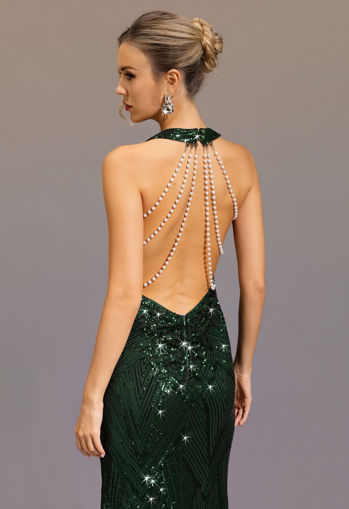 Pearl Chain Open Back Halter Neck Sequin Gown in Dark Green | Chicwish