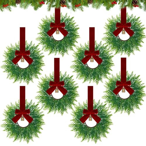 Dingion 8 Pcs 9.8" Small Christmas Cabinets Wreaths Mini Wreaths for Kitchen Window Chair Backs with Ribbon Bell Artificial Greenery for Farmhouse Holiday Decoration (Velvet,Elegant,Dark Red) | Amazon (US)