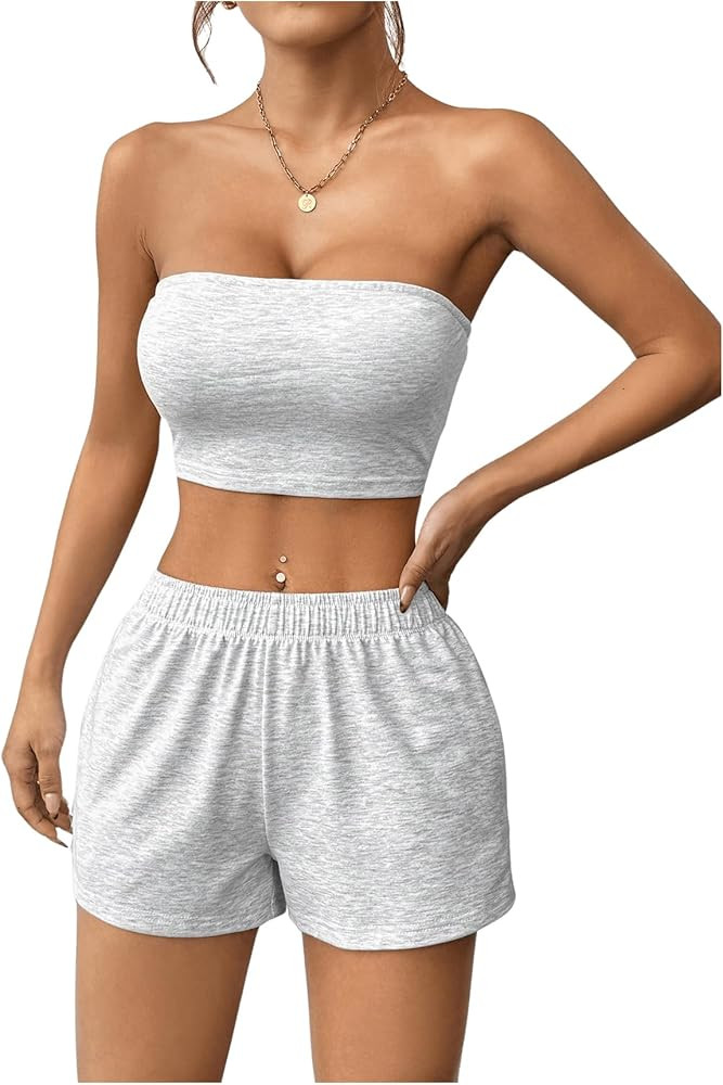 SOLY HUX Women's 2 Piece Outfits Strapless Bandeau Tube Crop Tops and Shorts Set | Amazon (US)