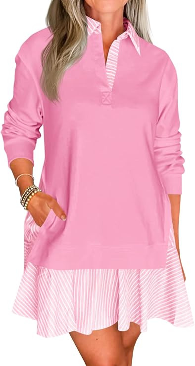 Wenrine Womens Oversized Sweatshirt Dress Casual Long Sleeve Collared V Neck Patchwork Loose Mini... | Amazon (US)