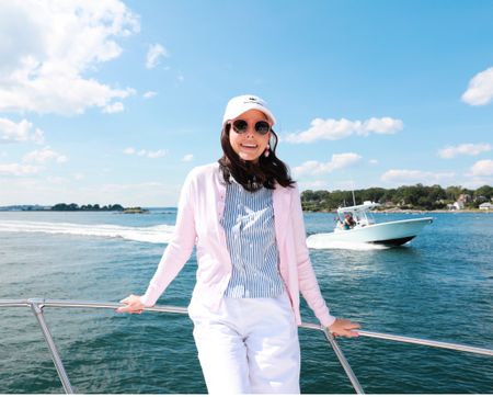 Pearl blouse, vacation outfit, pink cardigan, girly, boat day outfit, New England, Nantucket, summer outfit, classic style, preppy outfit 

#LTKunder100 #LTKtravel #LTKstyletip
