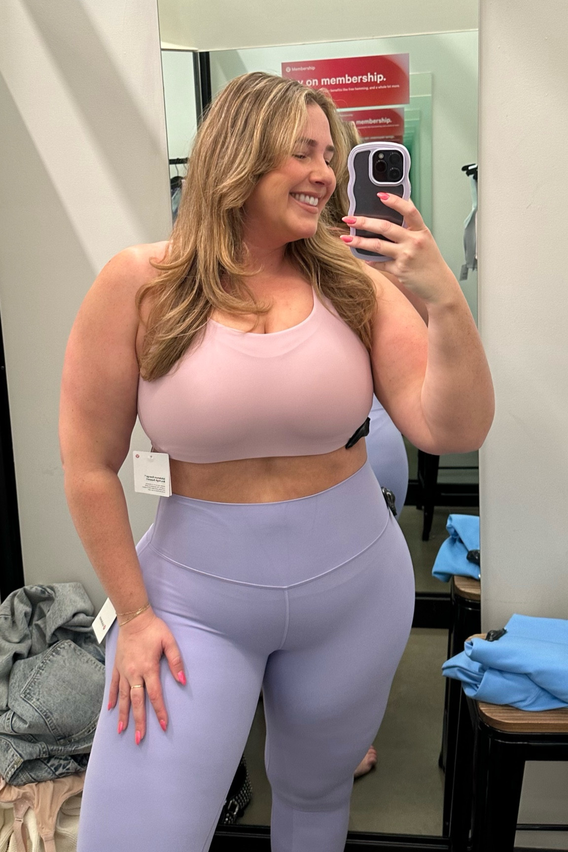 lululemon sports bra haul

High support energy bra: size 38DD
(Runs small on the band size IMO!)

Like a cloud longline bra: size 10D/DD — medium to low impact but great coverage and super soft/comfy
(Runs big IMO, size down) 

Energy bra longline D\DD: size 14
— I don’t recommend this one unless you are looking for a low support bra.

Align 28” Leggings in Lilac Smoke: size 10 (run big size down!)
Wunder Under Train leggings in Aero Blue: size 12 (run TTS)

#LTKplussize #LTKfitness #LTKmidsize