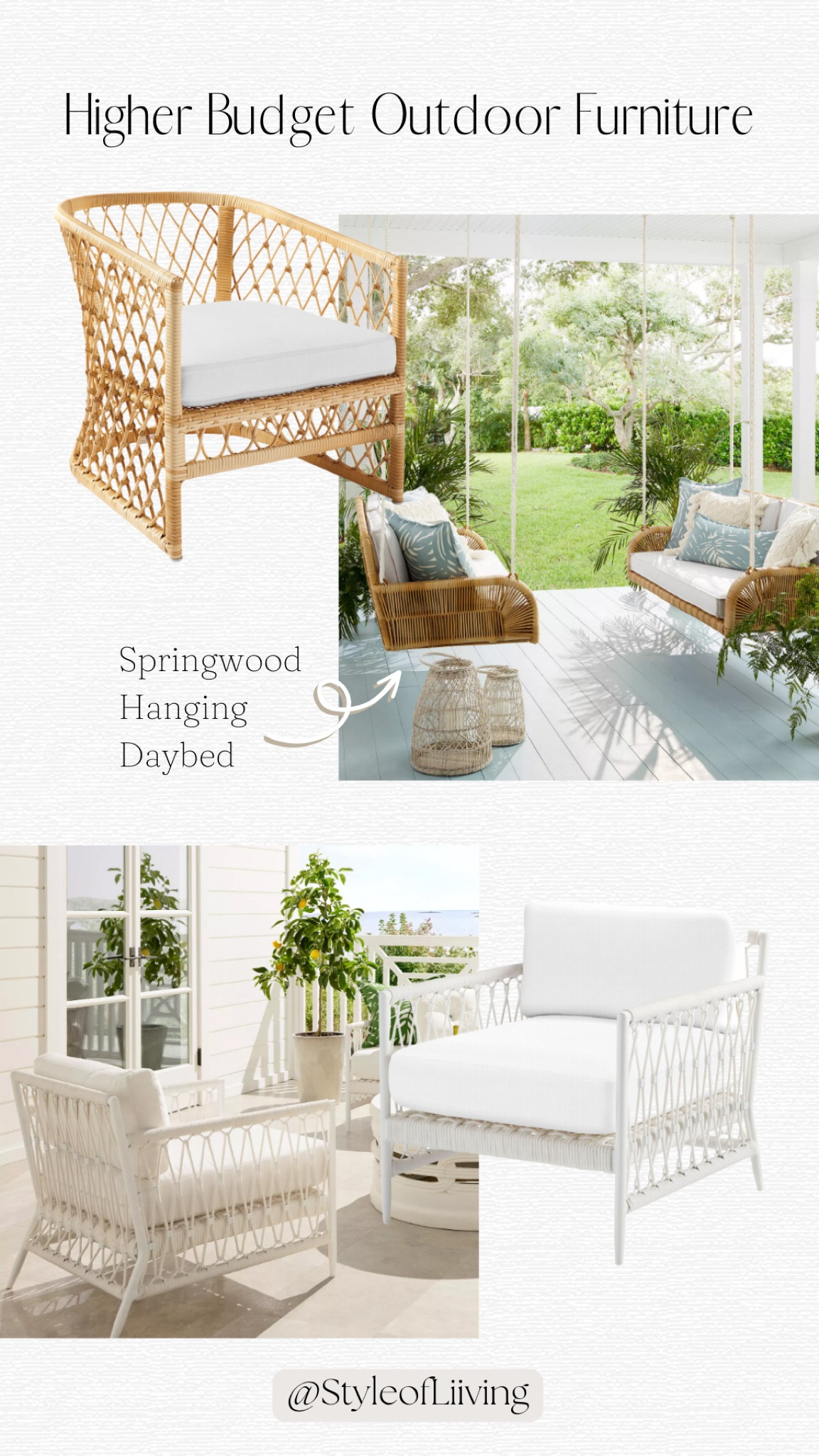Higher budget outdoor furniture from Serena and Lily! Swinging daybed, accent chairs, dining chairs. Patio furniture.

#LTKSeasonal #LTKhome #LTKfamily