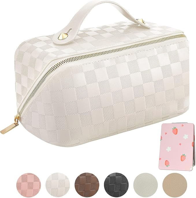 LOLDREAM Portable Checkered Makeup Bags,Large Capacity Travel Cosmetic Bag,Large Open Lay Flat Ma... | Amazon (US)
