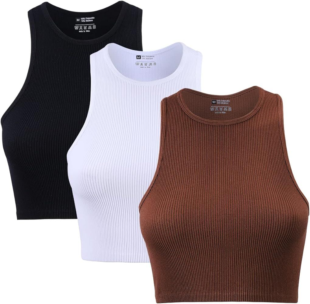 X-SNOW FALCON 3 Pieces Women's Seamless Ribbed Crop Tank Top Crew Neck Basic Solid Color Vest Top... | Amazon (US)