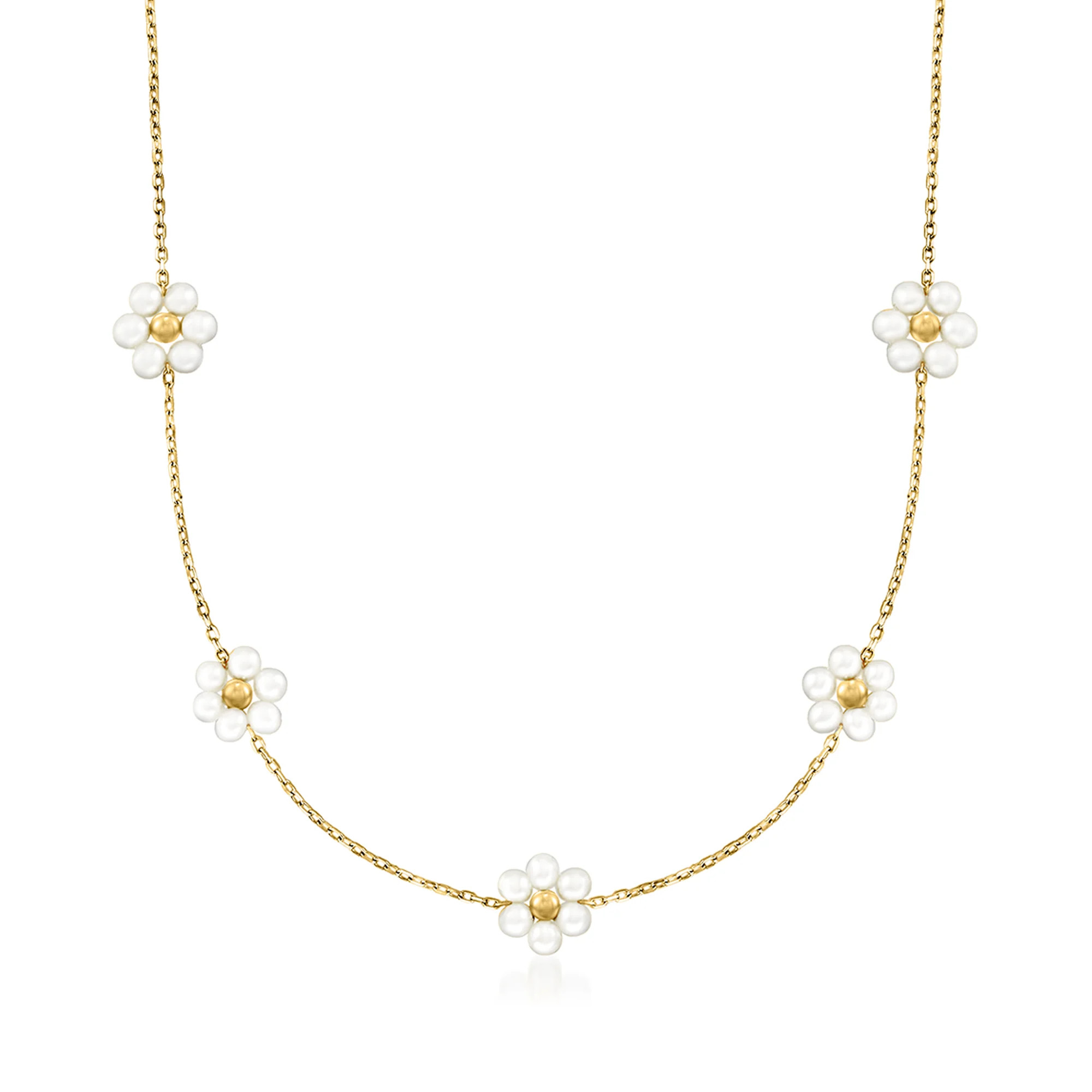 3-3.5mm Cultured Pearl Flower Station Necklace in 14kt Yellow Gold | Ross-Simons
