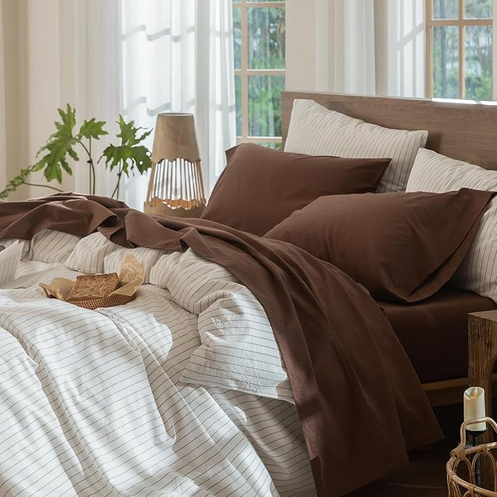 MooMee Bedding Sheet Set 100% Washed Cotton Linen Like Textured Breathable Durable Soft Comfy (So... | Amazon (US)