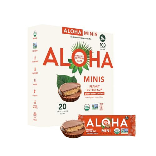 ALOHA Organic Plant Based Protein Bar MINIS |Peanut Butter Cup | 20 Count, 24g Bars | Vegan, Low Sugar, Gluten Free, Low Carb, Non-GMO, Stevia Free, Soy Free, No Sugar Alcohols | Amazon (US)
