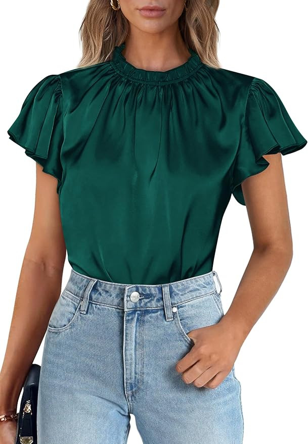 PRETTYGARDEN Business Casual Tops for Women Blouses Dressy 2025 Summer Short Sleeve Ruffle Satin ... | Amazon (US)