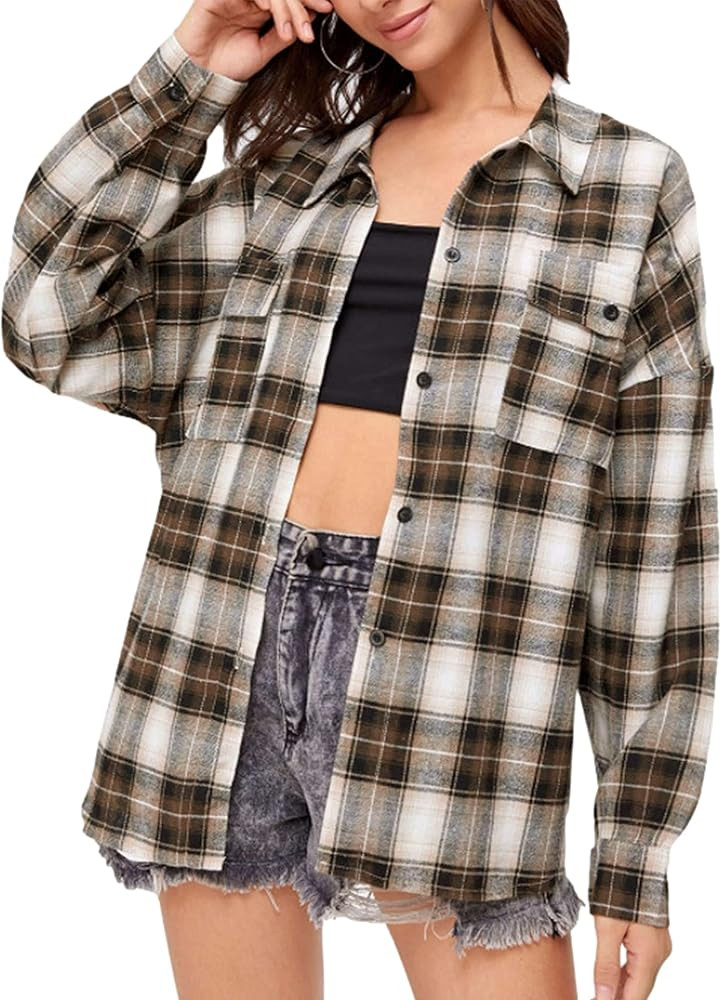 HangNiFang Womens Flannel Plaid Shirts Oversized Button Down Shirts Blouse Tops | Amazon (US)