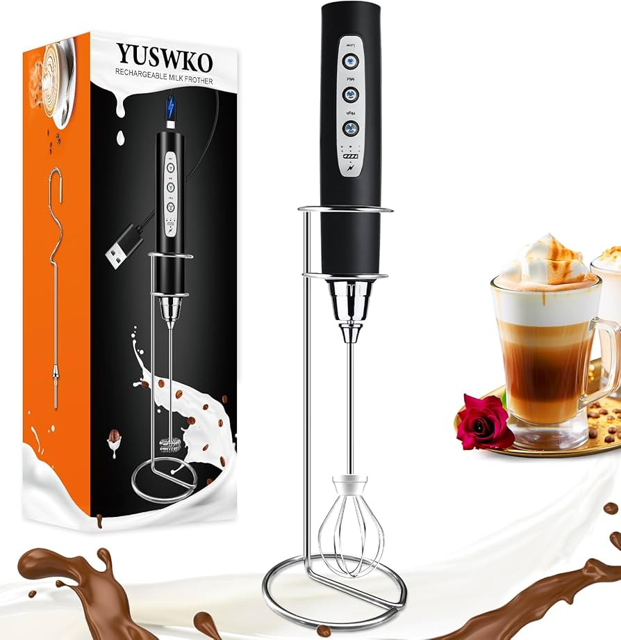 YUSWKO Black Handheld Milk Frother Wand with Stand for Coffee, Rechargeable Electric Whisk with 3... | Amazon (US)