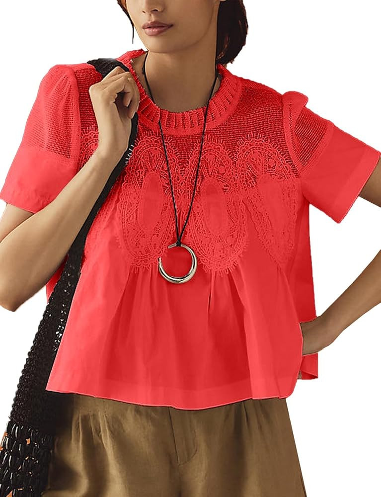 Women's Babydoll Tops Short Sleeve Lace Detail Blouses | Amazon (US)