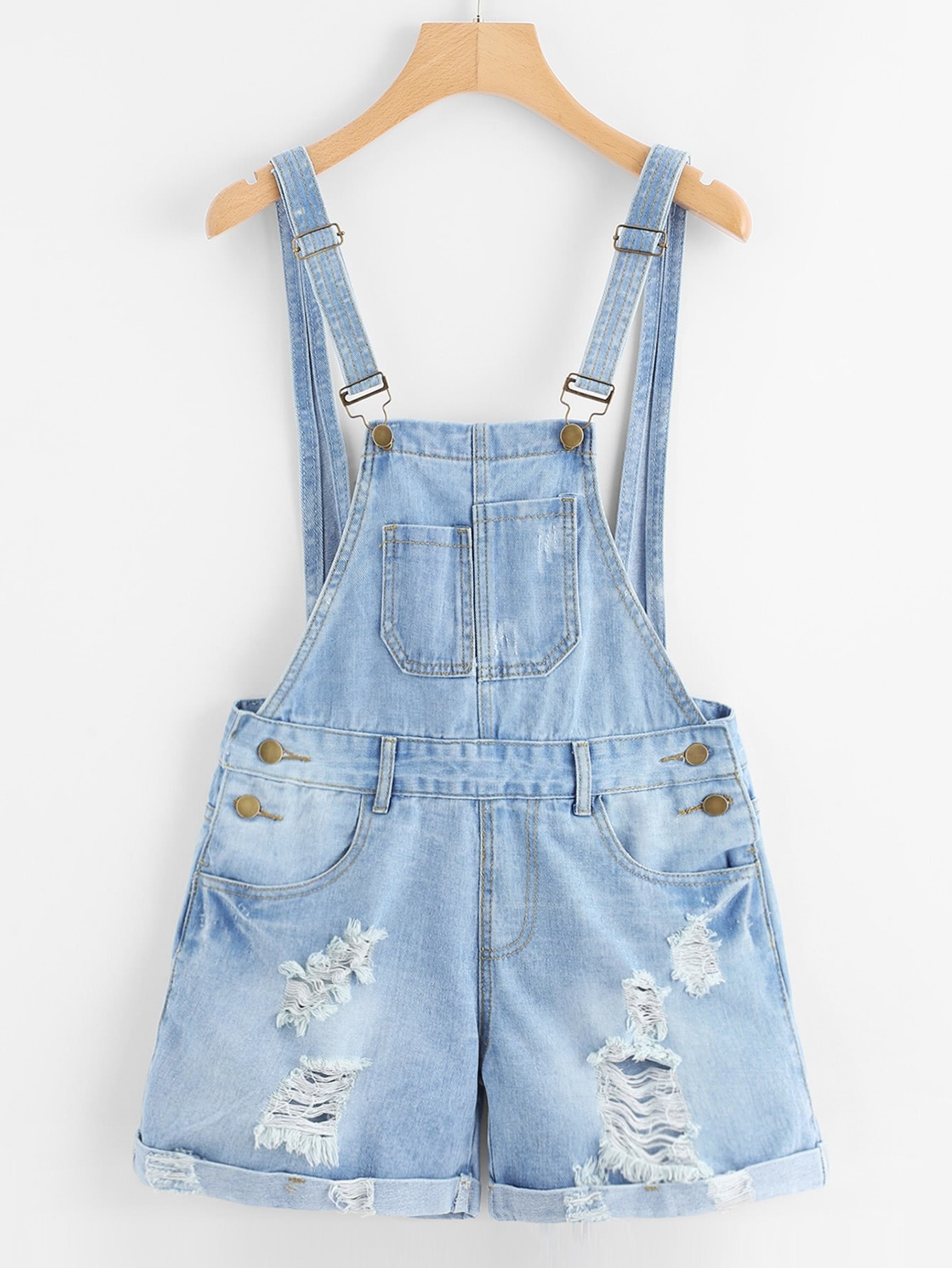 Pocket Front Ripped Denim Overalls | ROMWE