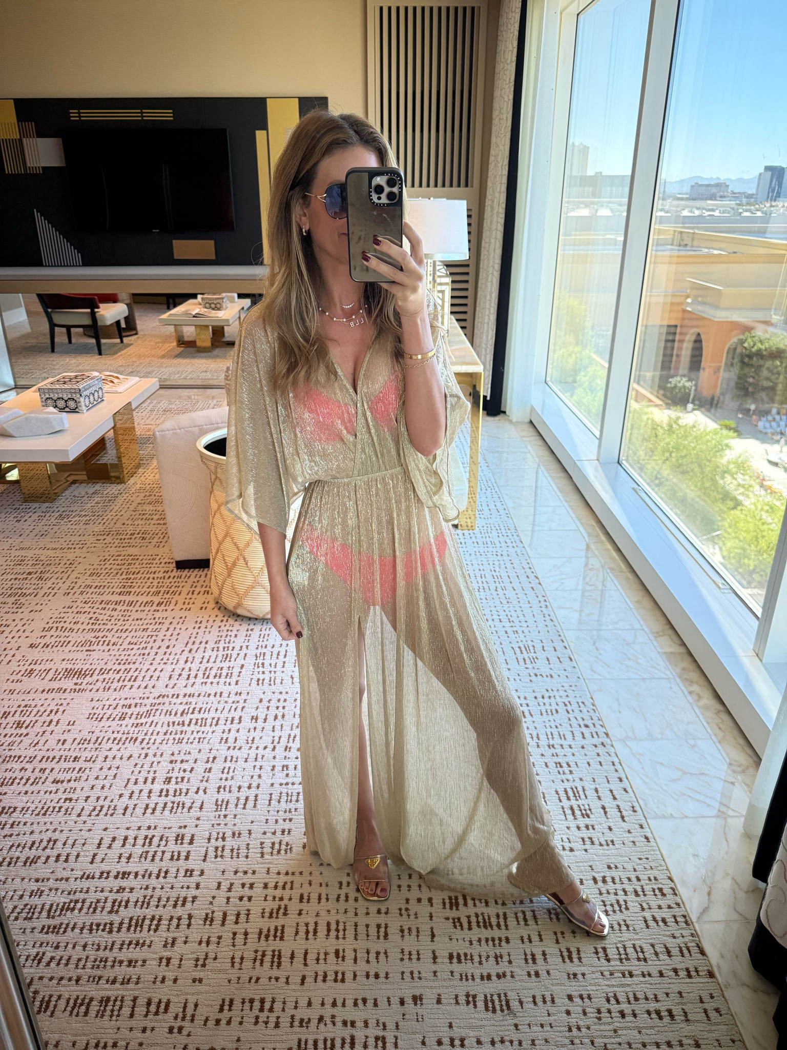 Today’s pool outfit for Vegas! ☀️ 
Vetchy bikini set 
Lulu’s gold cover up 
Prada slides
Glitzy Bella sunglasses use code ashlee20 for 20% off! 

#LTKStyleTip #LTKSwim