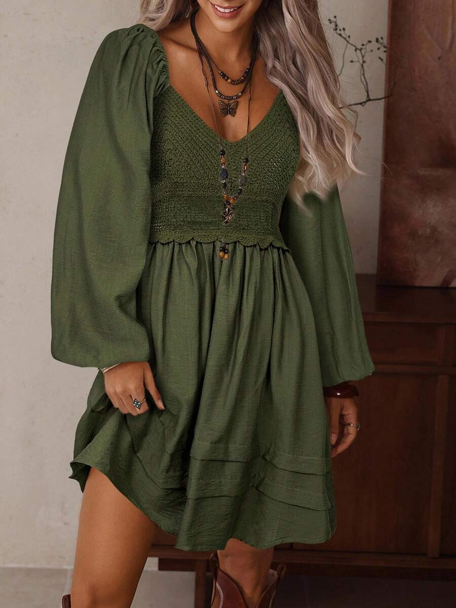 LanaWest Women's Vintage Apricot Fashionable V-Neck Hollow Crochet Patchwork Long Sleeve Elastic Waist Loose Hem Bohemian Style Mini Dress, Autumn/Winter | SHEIN