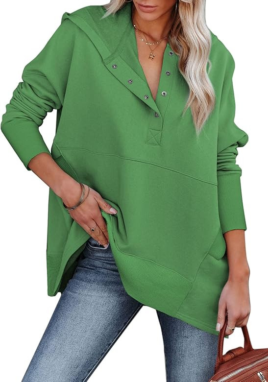 AlvaQ Women Casual Button V Neck Hoodies Oversized Pullover Sweatshirt Hooded Tops with Pockets | Amazon (US)
