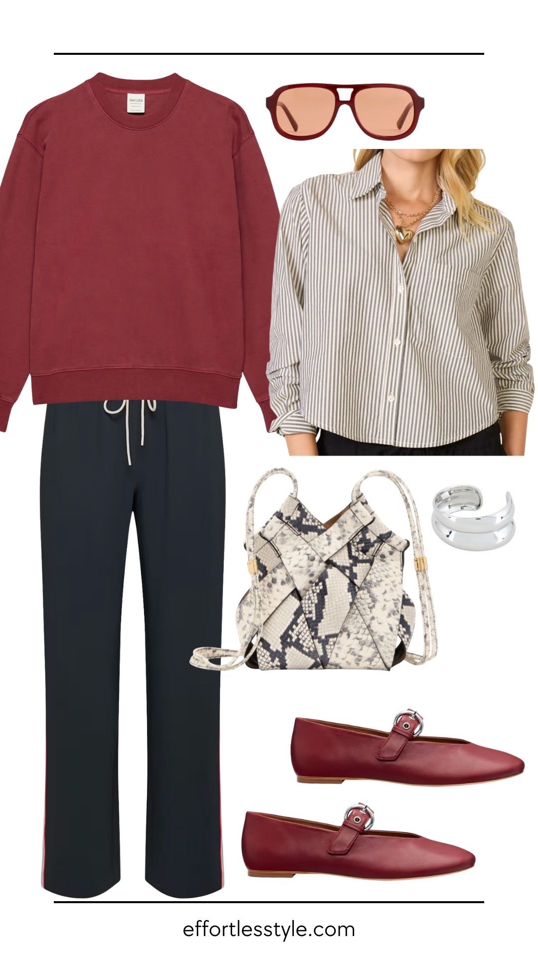 Track pants are super versatile and can be dressed up or down. For an elevated casual look, pair with a cropped button down with a simple stripe. And layer a sweater or sweatshirt over your shoulders to add more texture and dimension. Add a fun flat and animal print bag, layer in some silver jewelry for a cool, daytime look.

#LTKStyleTip #LTKBeauty #LTKOver40