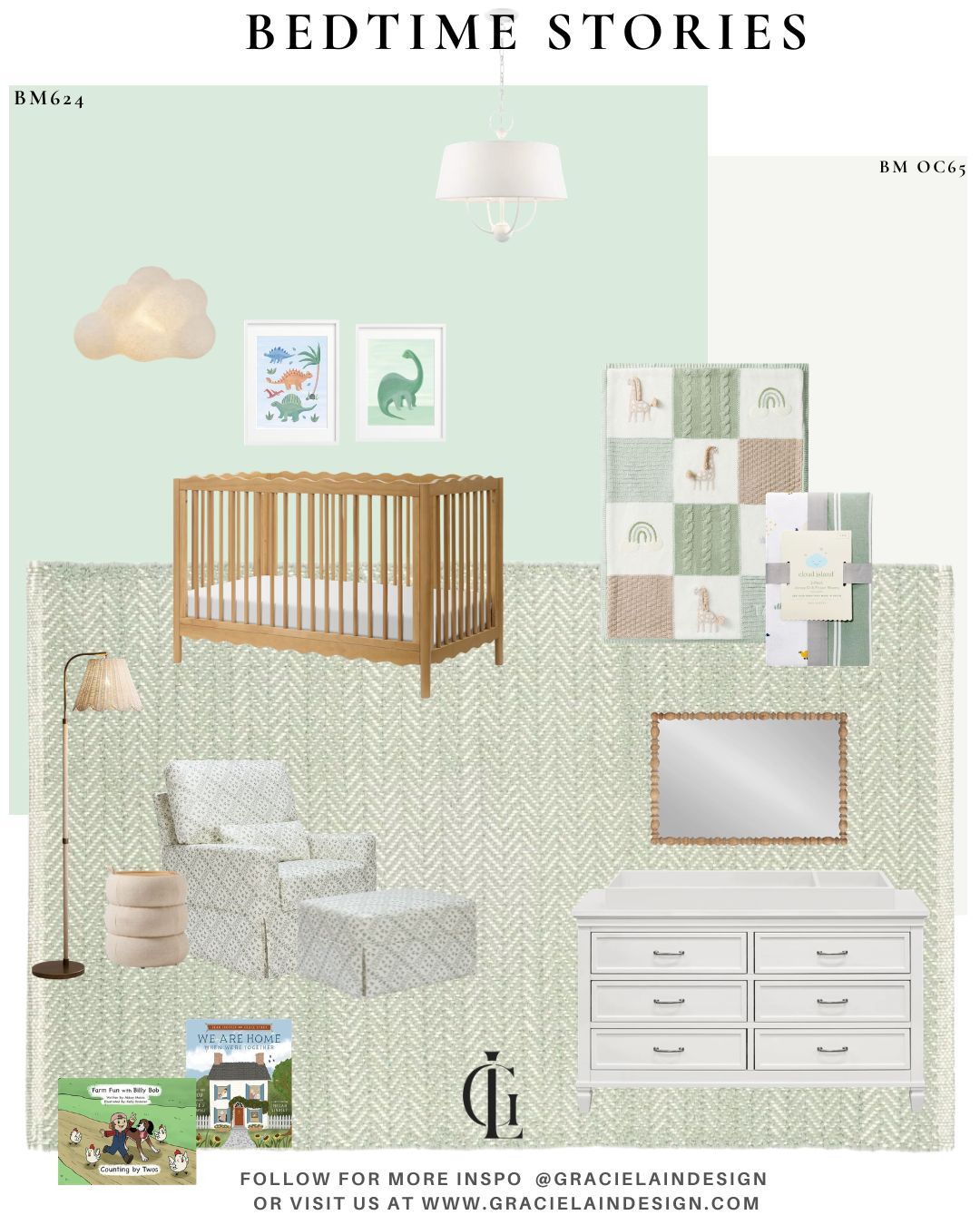 A dreamy mint green nursery made for the sweetest beginnings 💚 Soft rug underfoot, a gently patterned chair for cozy feeds and storytime, and airy linens that feel as peaceful as they look. The space is finished with the cutest touches — a glowing cloud wall light, playful art, and a curated selection of storytime favorites.

Thoughtfully designed with pieces that grow with your little one: a convertible crib, a storage side table, and a changing table dresser that all do double duty. A perfectly curated space for the newest addition to your family ✨

Discover more at gracielaindesign.com

#NurseryDesign #MintGreenNursery #BabyRoomInspo #NeutralNursery #ModernNursery #NurseryDecor #InteriorStyling #CozySpaces #MomLife #DesignInspiration #BabyRoom #HomeDecorInspo #GracielainDesign 

 #LTKHome #LTKSaleAlert #LTKBaby