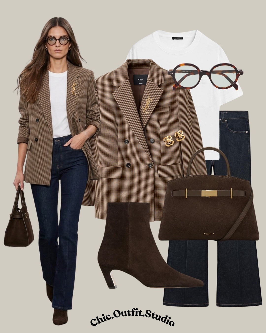 Plaid Blazer + White Tee + Dark Denim

✨A tailored brown plaid blazer instantly gives a simple white tee and dark-wash jeans a polished pre-fall workwear update. Finished with pointed brown ankle boots, a structured leather handbag, and classic tortoiseshell frames, this is the kind of outfit that works across your entire day. 

✨Wear it for the office, client meetings, creative workplaces, business casual events, work lunches, dinner plans, or city days. A timeless blazer-and-denim combination that can easily be dressed up or down all season.

✨Tags: brown plaid blazer outfit, pre fall workwear women, blazer and jeans outfit, fall office outfit, business casual blazer outfit, dark denim outfit women, brown blazer outfit women, white tee blazer outfit, work to dinner outfit, classic workwear style, elevated casual outfit, tailored blazer women, tortoiseshell glasses outfit, ankle boots work outfit, European style fashion

#LTKautumn #LTKworkwear #LTKbag