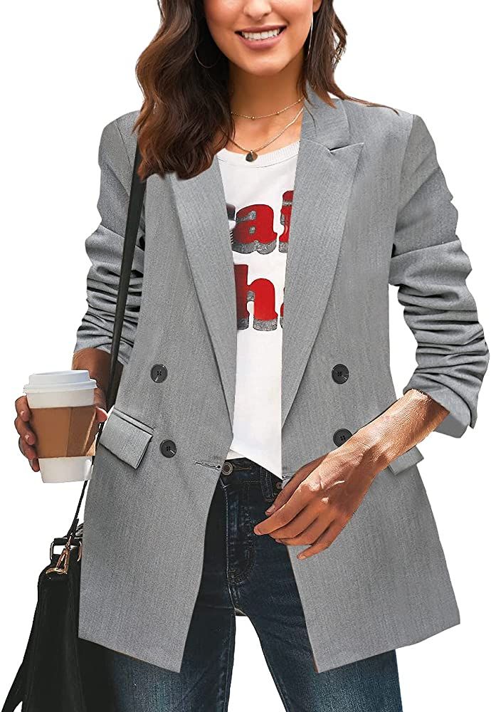 LookbookStore Women's Casual Khaki Check Plaid Loose Buttons Work Office Blazer Long Jacket Suits... | Amazon (US)