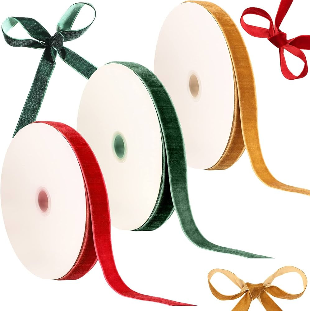 Patelai 3 Rolls 75 Yards Christmas Velvet Ribbon Vintage Velvet Ribbon Spool Green Red and Khaki ... | Amazon (US)