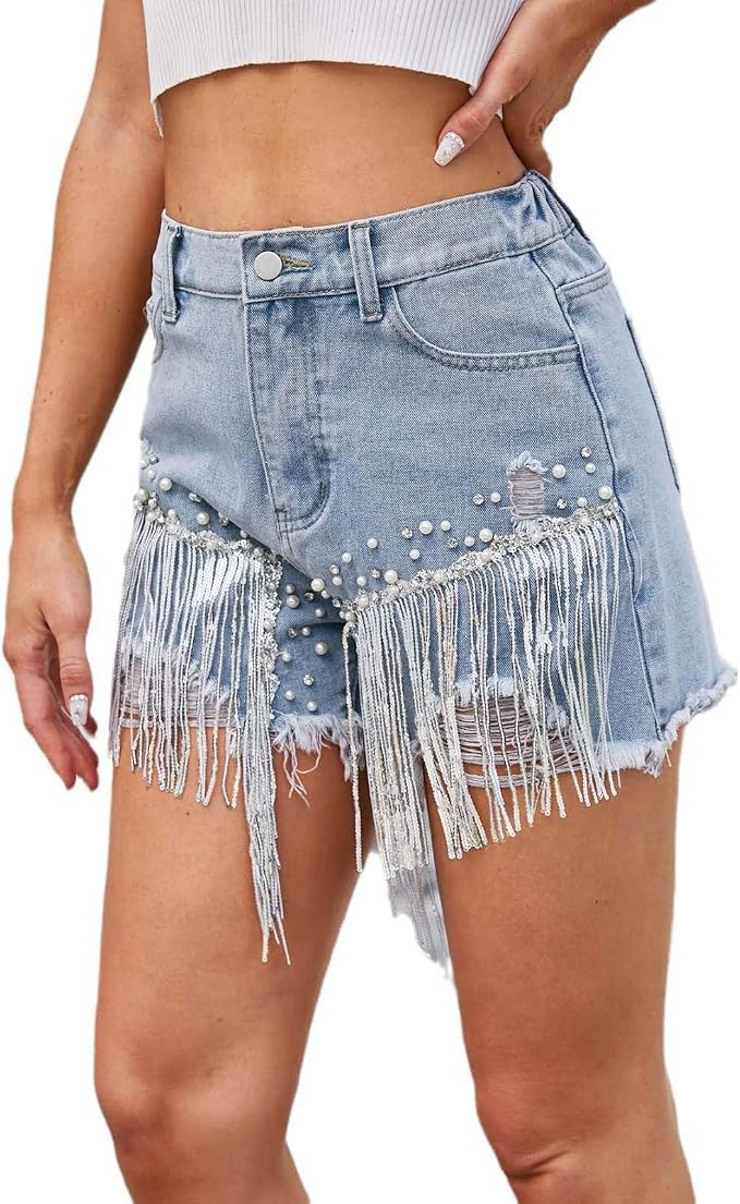 Jean Shorts Womens High Waisted Ripped Soft Rhinestone Pearl Beaded Fringe Comfy Tassel Denim Sho... | Amazon (US)