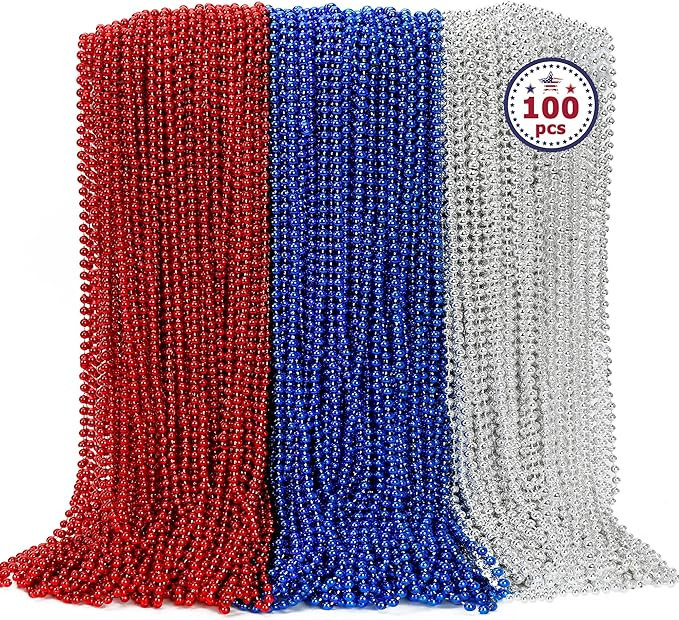 100PCS 4th of July Accessories, Independence Day Beads Necklace Bulk, Fourth of July Red Blue Sil... | Amazon (US)