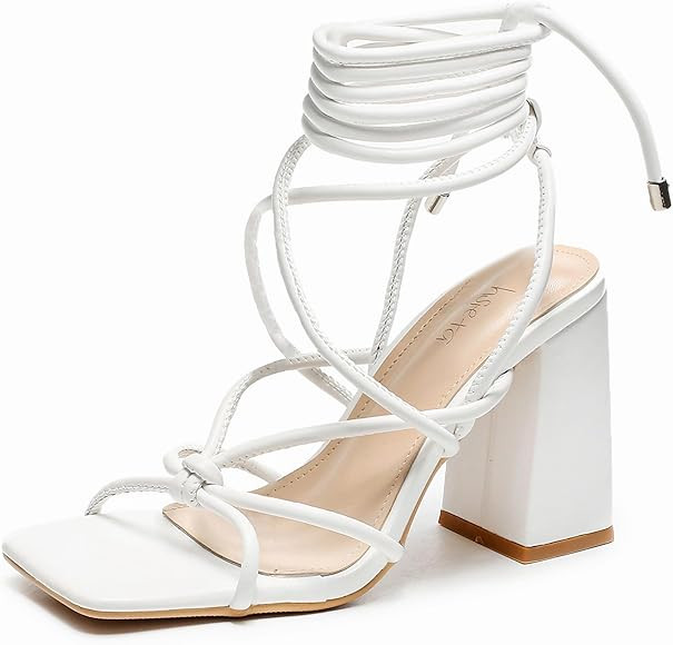 Womens Strappy Heels Lace Up Chunky Heel Sandals, Cute Block Heel Wrap Sandals for Women Dressy S... | Amazon (US)
