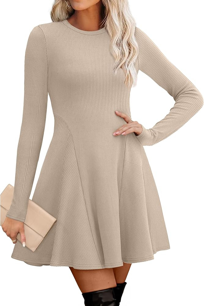 OFEEFAN Sweater Dress for Women Fall 2025 Long Sleeve Crew Neck Ribbed Knit Fit and Flare A-Line ... | Amazon (US)