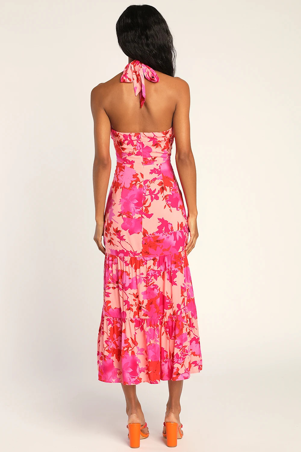 Always Eye-Catching Hot Pink Floral Tiered Halter Midi Dress | Lulus
